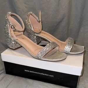 De Blossom Collection Glitter Silver Ankle-Strap Block Heels